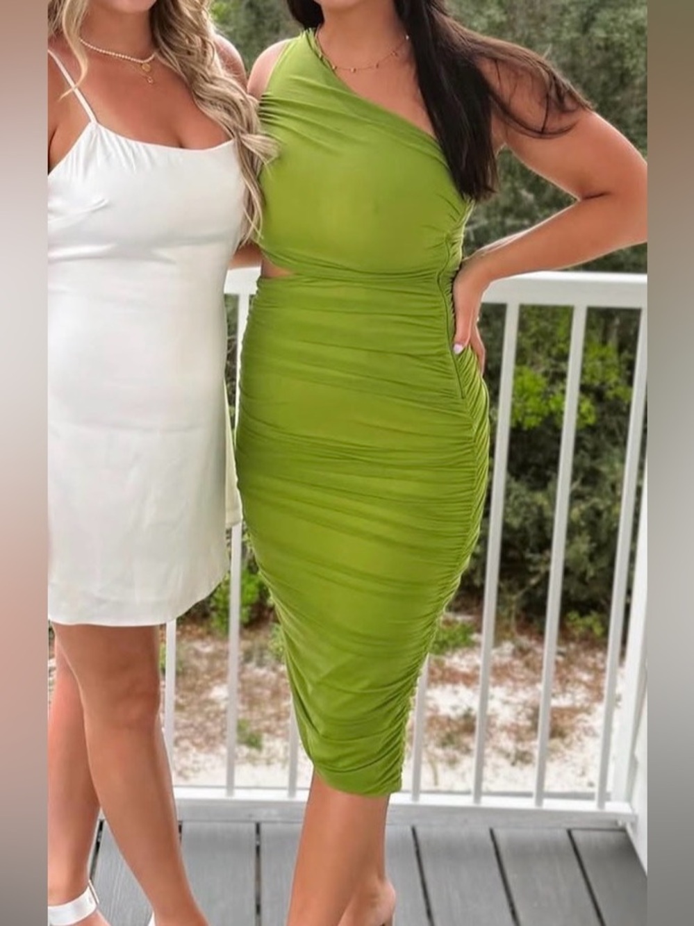 Olive Green One-Shoulder Ruched Midi Dress with Side Slit